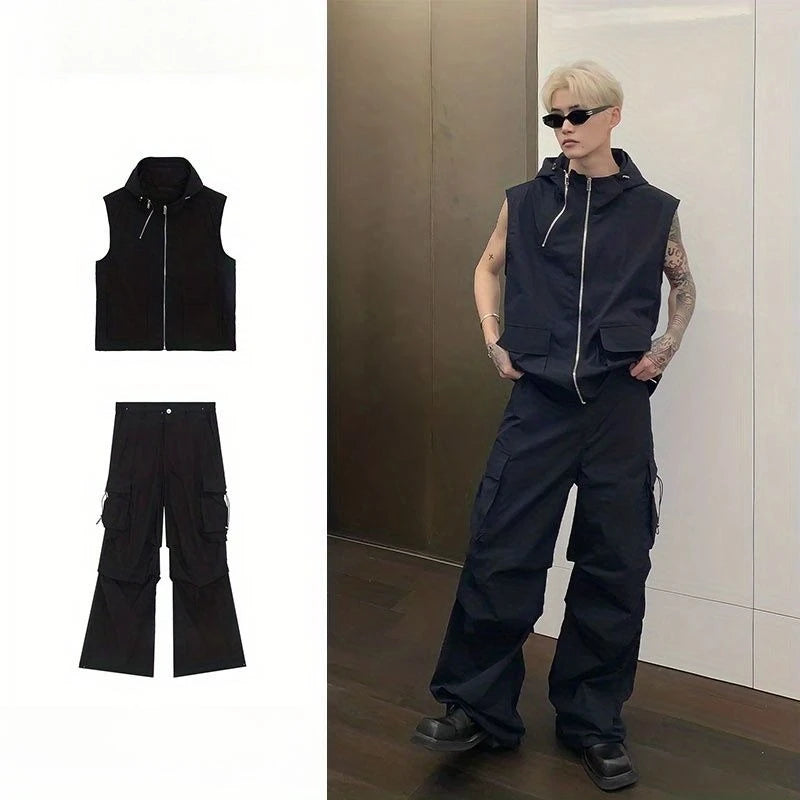 Threebooy Street Tracksuit Niche Deconstruction Design Cargo Vest Men's Summer Pleated Work Pants Set of High-end Sleeveless Vest Urban