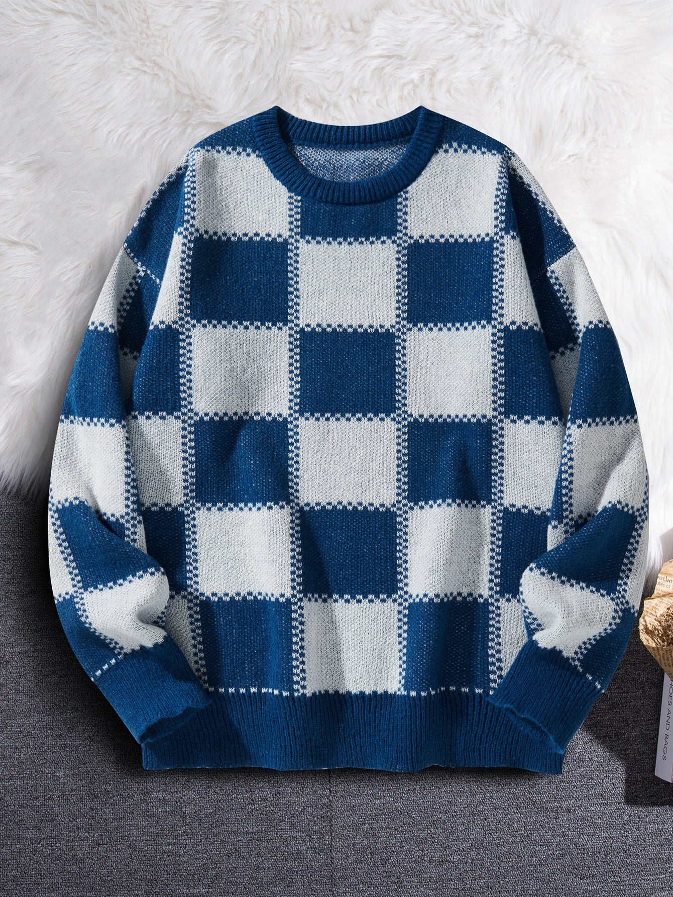 Threebooy New Popular Autumn Winter Plaid Jacquard Pattern Pullover Sweater Casual Round Neck Contrast Color Knitted Men's Pullover