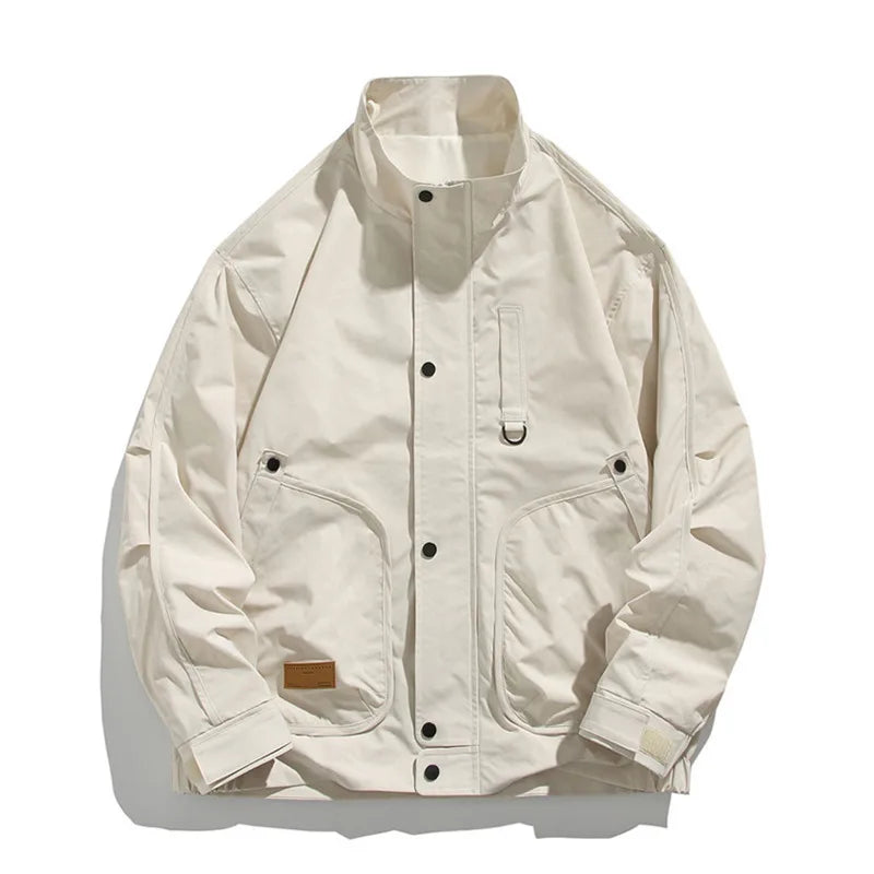 Threebooy  Korean Styles Men Casual Jacket Multiple Pockets Spring Autumn Minimalist Slim Fitting Standing Collar Work Jacket Male Clothes