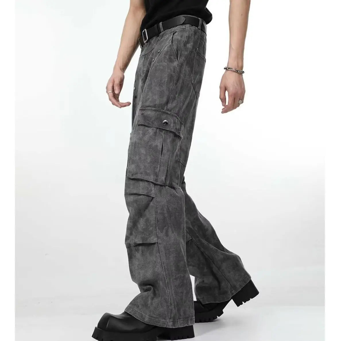 Threebooy American high street hip-hop men and women trendy personality straight leg multi pocket jeans couple loose retro casual pants