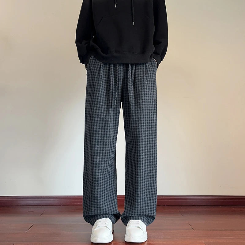 Threebooy Autumn Woolen Pants Men Oversized Fashion Retro Plaid Pants Men Streetwear Hip-hop Loose Wide Leg Pants Mens Vintage Trousers