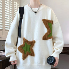 Threebooy  Autumn Men's Star Pattern Jacquard Knitted Jumpers Casual Retro Elegant Crewneck Knitwear Y2K Streetwear Pullovers Sweater
