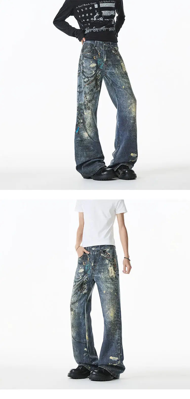Threebooy Jean Men Unique Design Graffiti Street Style Drag Jeans Urban Trendy Fashion Distressed Long Fit Casual Denim Pants Edgy Hip Hop