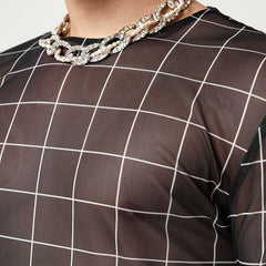 Threebooy Plaid Print Mesh T Shirts Men Slim Fit Long Seeve O-neck Tee Tops Summer Casual Mens Perspective Tight T-shirt Streetwear