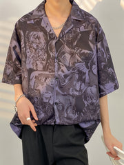 Threebooy Men's Casual Floral Print Polyester Shirt, 100% Polyester Non-Stretch Fabric, Loose Fit Lapel Collar with Button Details, All-Season Woven Draped Top for City Walks, Outdoor Activities, Parties, Beach, Anniversary,