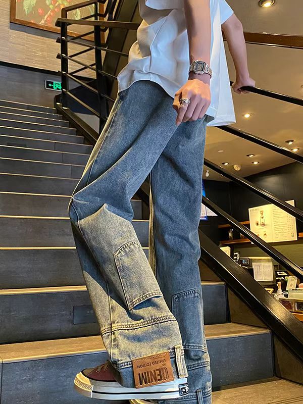 Threebooy Backwards Wear Mens High Street Vibe Jeans Clean Fit Loose Straight Denim Pants Spring Summer Design Sense Trousers Unisex