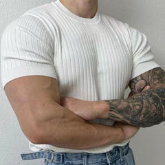 Threebooy Summer New Men Thin Knitted T Shirts Slim Fit Elastic Short Sleeve O Neck Tee Fashion Solid Color Ribbed Muscle T-shirt Male