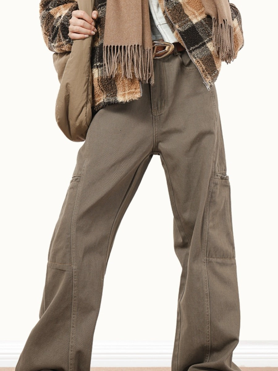 Threebooy Vintage Cargo Pants For Men Cleanfit Style Straight Trousers High Street Retro Maillard Brown Multiple Pockets Casual Pants
