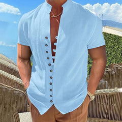 Threebooy New 100% Cotton Linen Vintage Shirts Mens Short Sleeve Stand Collar  Casual Male Blouse Summer Retro Shirt Top Men Clothing