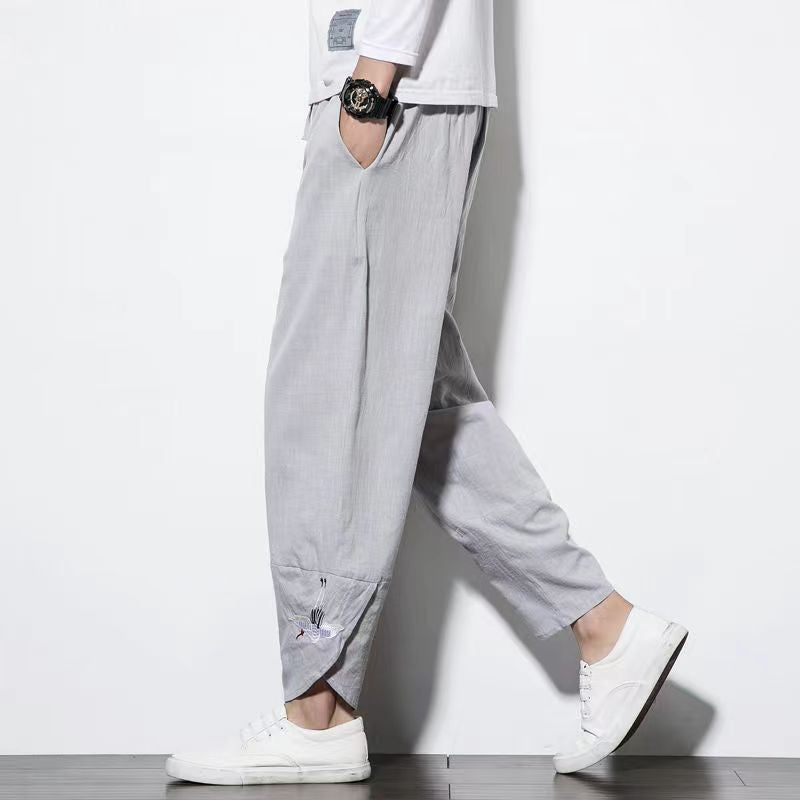 Threebooy Mens Cotton Linen Casual Pants Chinese Style Crane Embroidery Harlan Cropped Pants Spring Summer Fashion Loose Retro Trousers