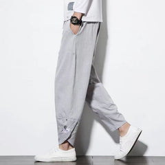 Threebooy Mens Cotton Linen Casual Pants Chinese Style Crane Embroidery Harlan Cropped Pants Spring Summer Fashion Loose Retro Trousers