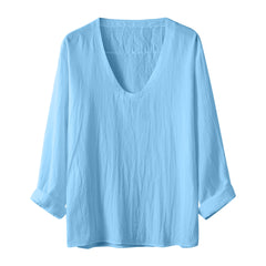 Threebooy Spring Summer Mens V Neck Cotton Linen T-shirt Loose Solid Long Sleeve Pullovers Tops Fashion Casual Clothing Streetwear