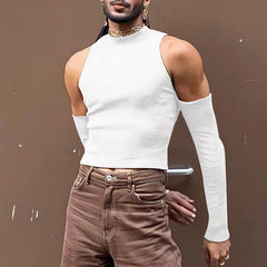 Threebooy Sexy Off Shoulder T shirts For Men High Neck Long Sleeve Tight Turtleneck Tops Summer Casual Slim Hollow Out Crop Tee Streetwear