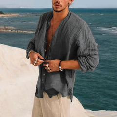 Threebooy Vintage Men Loose Solid Shirts Stand Collar Long Sleeve Tops Spring Summer Casual Cardigan Retro Shirt Mens Clothes Streetwear