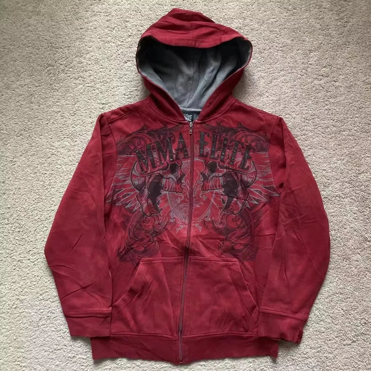 Threebooy 2000s New Cotton Red Couple Zipper Hoodies Vintage Elite Full Zip Hoodie Sweatshirt Size Skull Snake Red Y2K Sweatshirts