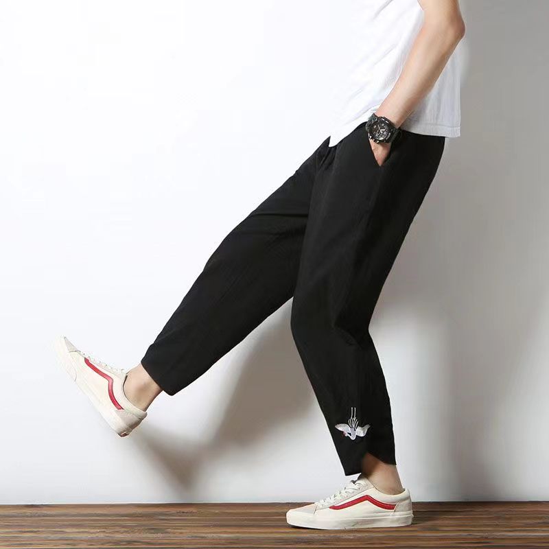 Threebooy Mens Cotton Linen Casual Pants Chinese Style Crane Embroidery Harlan Cropped Pants Spring Summer Fashion Loose Retro Trousers