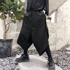 Threebooy Mens Dark Style Casual Irregular Cropped Pants New Genderless Trendy Personalized Solid Color Loose Wide Leg Pants Unisex
