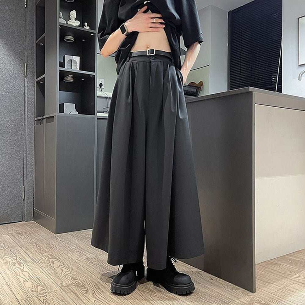 Threebooy Mens Culottes Gothic Style Dark Pants Skirt Genderless Fashion Streetwear Personality Temperament Casual Wide-Leg Pants Unisex