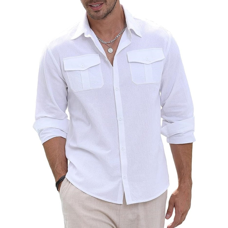 Threebooy Cotton Linen Men Shirt Solid Color Double Pocket Long Sleeve Top Spring Summer Fashion Casual Beach Breathable Comfortable Shirt