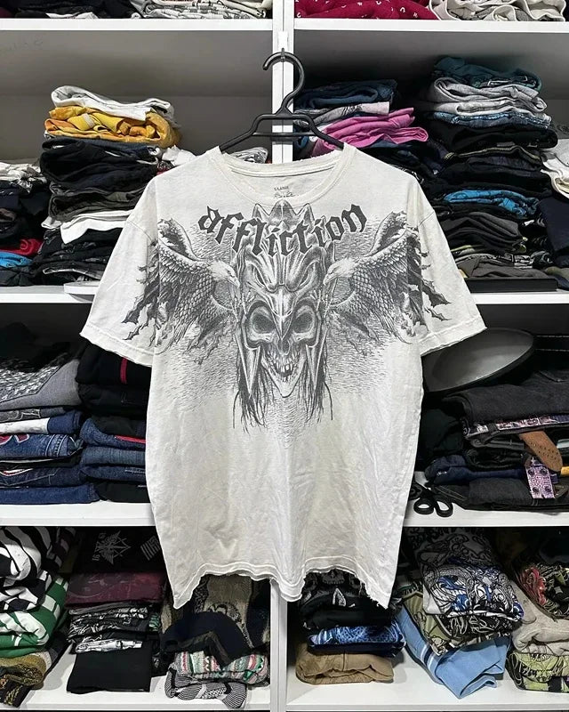 Threebooy 2000s affliction new Style Street Hip Hop Clothing couple T Shirt Gothic Skull Cross Print Fashion Knight Graphic Men T-shirt