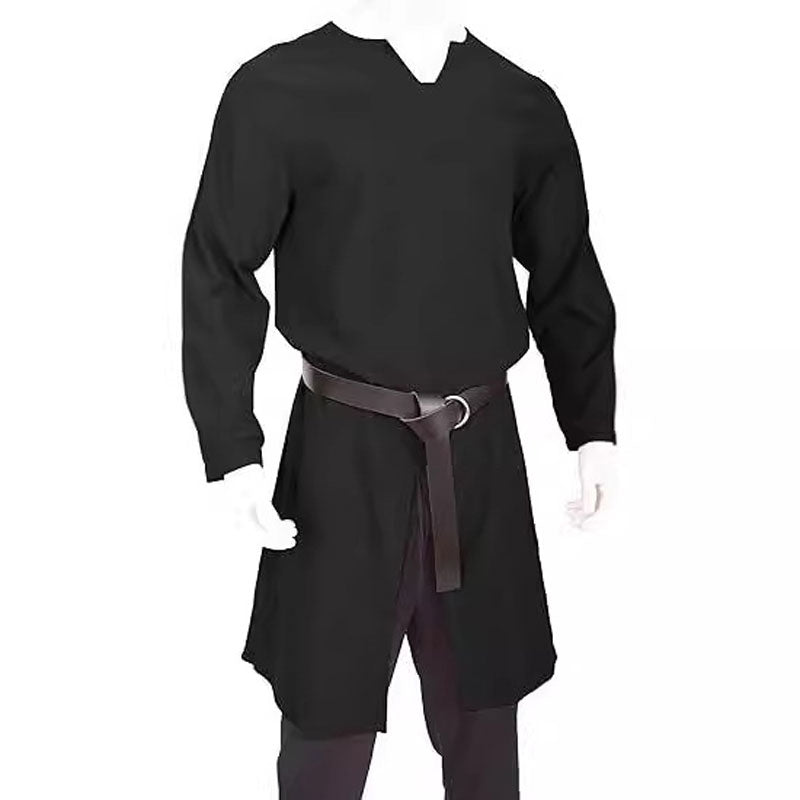 Threebooy Streetwear Long Sleeve Tshirt For Men European Medieval Knight Top Vintage Loose V-neck Split Long Gown Pullover