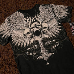 Threebooy 2000s Affliction Style Streetwear Tee Gothic Skull Cross Print Trendy Graphic T-shirts