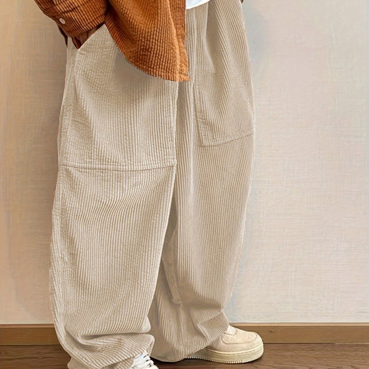 Threebooy Super Loose Fit Corduroy Pants - Men's Casual Polyester Blend Solid Color Machine Washable with Pockets