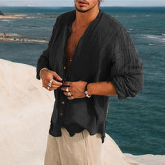 Threebooy Vintage Men Loose Solid Shirts Stand Collar Long Sleeve Tops Spring Summer Casual Cardigan Retro Shirt Mens Clothes Streetwear
