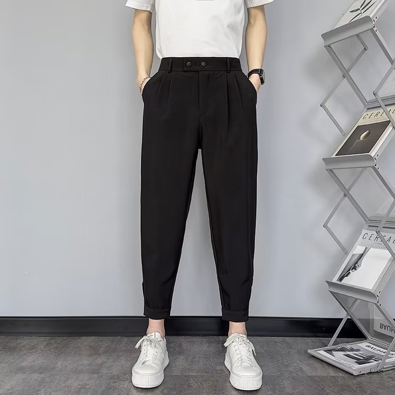 Threebooy Korean Cropped Pants For Men Fashion Casual Suit Pants Solid Slim Fit Straight Trousers Spring Summer Trend Youth Pant Plus Size