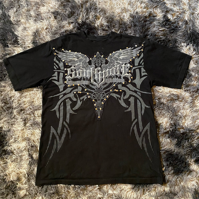 Threebooy 2000s High Street Shirts Y2K Mens Graphic Print Oversized T Shirt Harajuku Gothic Round Neck Cotton Short Sleeve Tops New