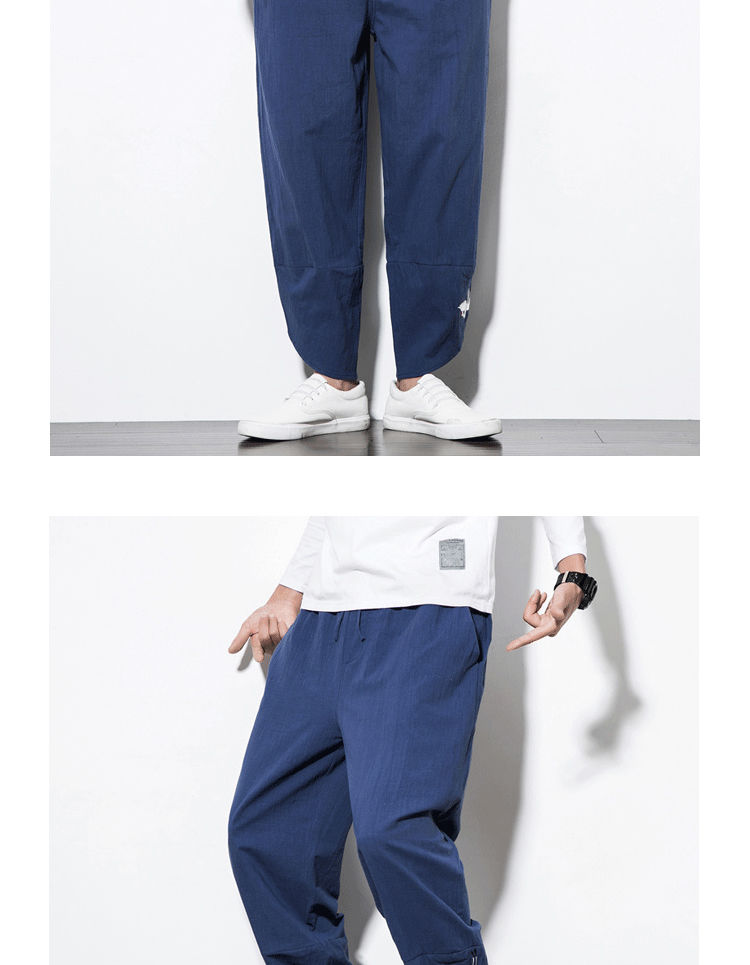 Threebooy Mens Cotton Linen Casual Pants Chinese Style Crane Embroidery Harlan Cropped Pants Spring Summer Fashion Loose Retro Trousers