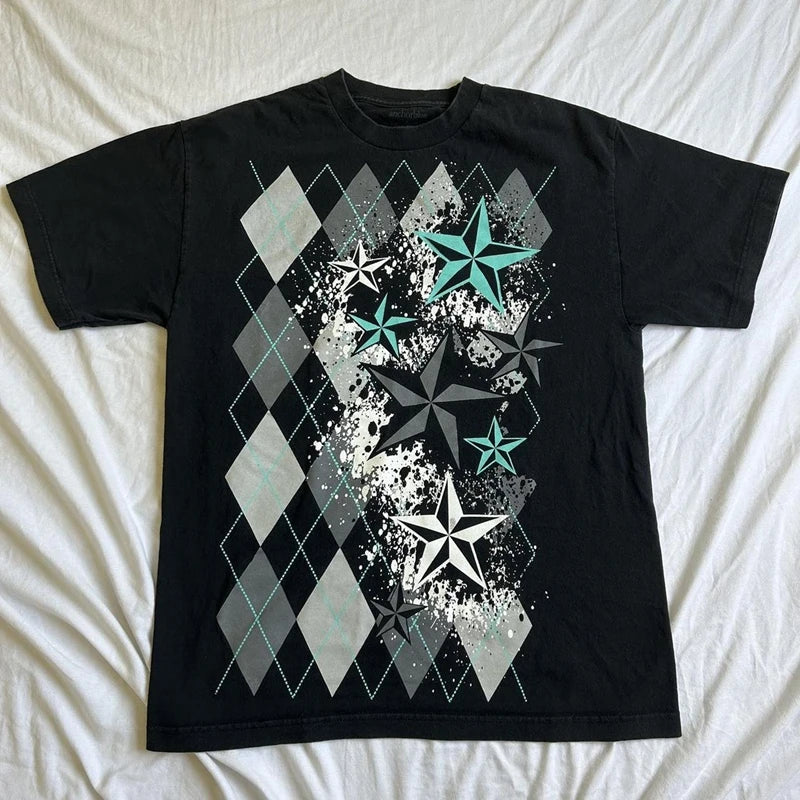 Threebooy 2000s Cyber Grunge Graphic T-shirt Y2K Star Skull Print Short Sleeve Tees Japanese Emo Vintage E girl Gothic T shirt Women Men