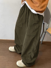Threebooy Super Loose Fit Corduroy Pants - Men's Casual Polyester Blend Solid Color Machine Washable with Pockets