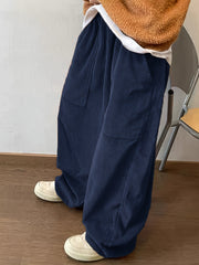 Threebooy Super Loose Fit Corduroy Pants - Men's Casual Polyester Blend Solid Color Machine Washable with Pockets