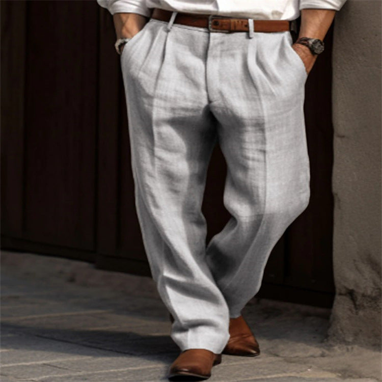 Threebooy Mens Linen Pleated Pants Front Pockets Straight Cotton Blend Long Trousers Spring Summer Holiday Fashion Loose Pant Oversized