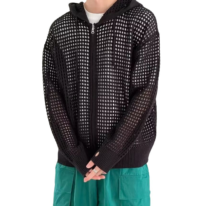Threebooy Hollow Out Knitted Hoodie Mens Jacket Loose Hooded Cardigan Spring Autumn Fashion Casual Knit Zip-Up Sweater Tops Streetwear