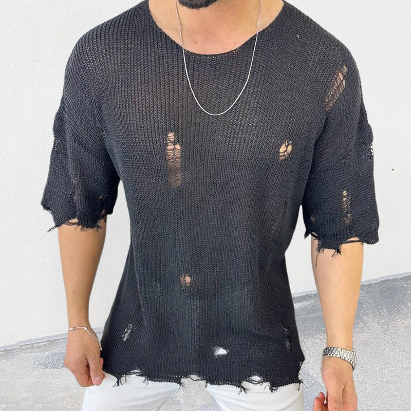 Threebooy Summer Men Sweater Thin Short Sleeve O-neck Knitted T-shirt Tops Casual Hollow Loose Knit Shirt Pullover Male Streetwear