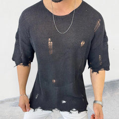 Threebooy Summer Men Sweater Thin Short Sleeve O-neck Knitted T-shirt Tops Casual Hollow Loose Knit Shirt Pullover Male Streetwear