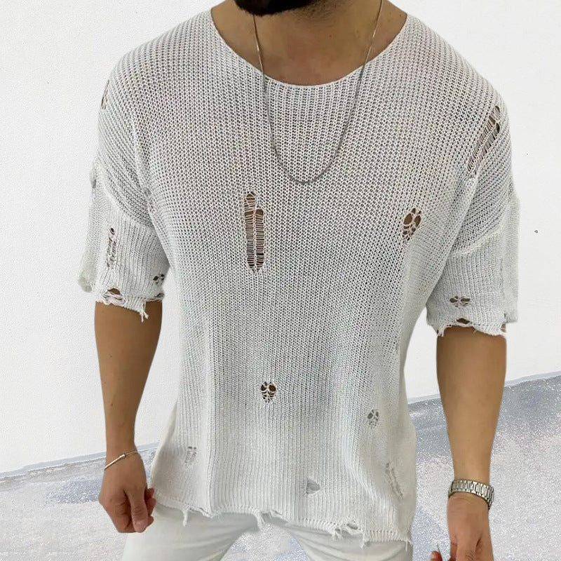 Threebooy Summer Men Sweater Thin Short Sleeve O-neck Knitted T-shirt Tops Casual Hollow Loose Knit Shirt Pullover Male Streetwear