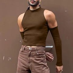 Threebooy Sexy Off Shoulder T shirts For Men High Neck Long Sleeve Tight Turtleneck Tops Summer Casual Slim Hollow Out Crop Tee Streetwear