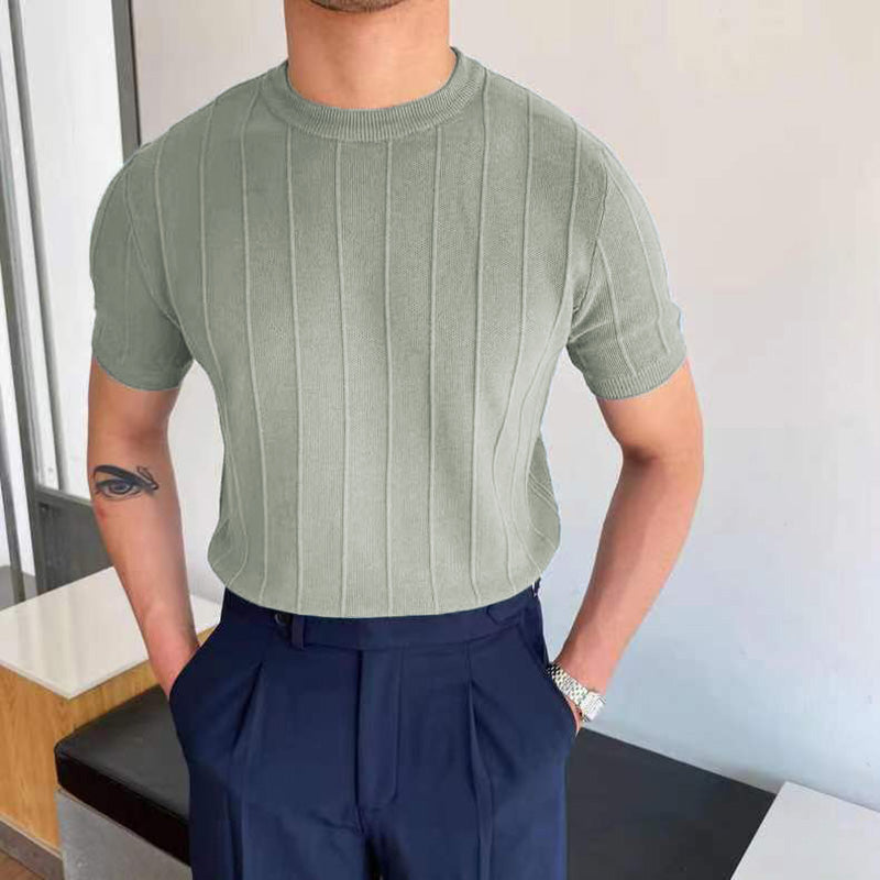Threebooy Summer New Men Knited Short Sleeve T-shirts High Quality O-neck Tees Tops Pullovers Solid Stripe Slim Fit T-Shirts Male Clothing