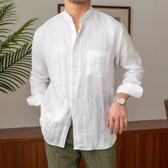 Threebooy Vintage  Linen Shirt For Men Summer Thin Breathable Short sleeved Tops Light Luxury Casual Loose Stand Collar Blouse Streetwear