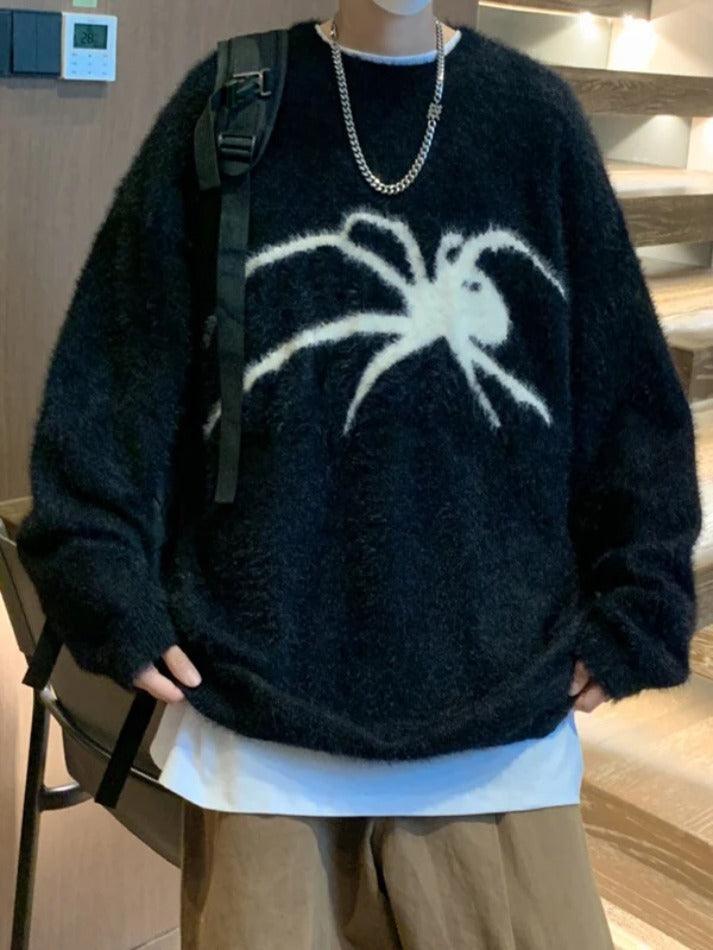 Threebooy Men's Spider Print Loose Sweater