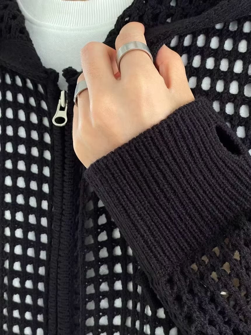 Threebooy Hollow Out Knitted Hoodie Mens Jacket Loose Hooded Cardigan Spring Autumn Fashion Casual Knit Zip-Up Sweater Tops Streetwear