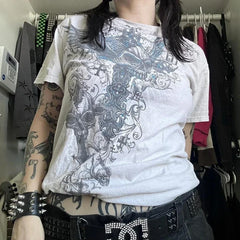 Threebooy 2000s affliction Retro T-shirts Men Grunge Cyber Goth Emo Skull Tees E-girl Graphic Print Short Sleeve Tops Vintage Streetwear