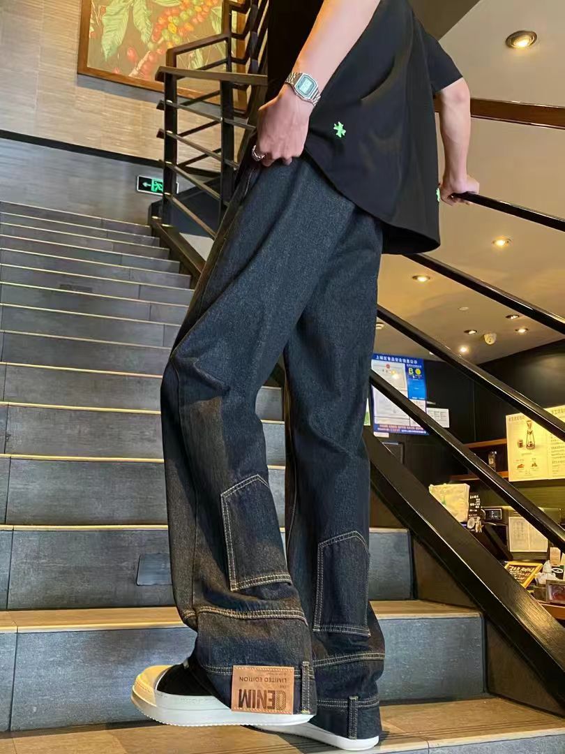 Threebooy Backwards Wear Mens High Street Vibe Jeans Clean Fit Loose Straight Denim Pants Spring Summer Design Sense Trousers Unisex