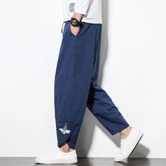 Threebooy Mens Cotton Linen Casual Pants Chinese Style Crane Embroidery Harlan Cropped Pants Spring Summer Fashion Loose Retro Trousers