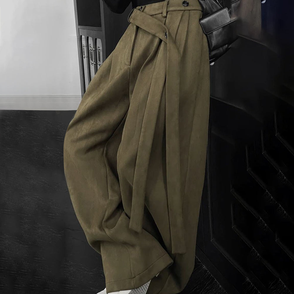 Threebooy Mens Suede Ribbon Casual Pants Spring Streetwear Fashion Youth Campus Luxury Old Money Men Wide Leg Pants Men'S Wear 2025 New