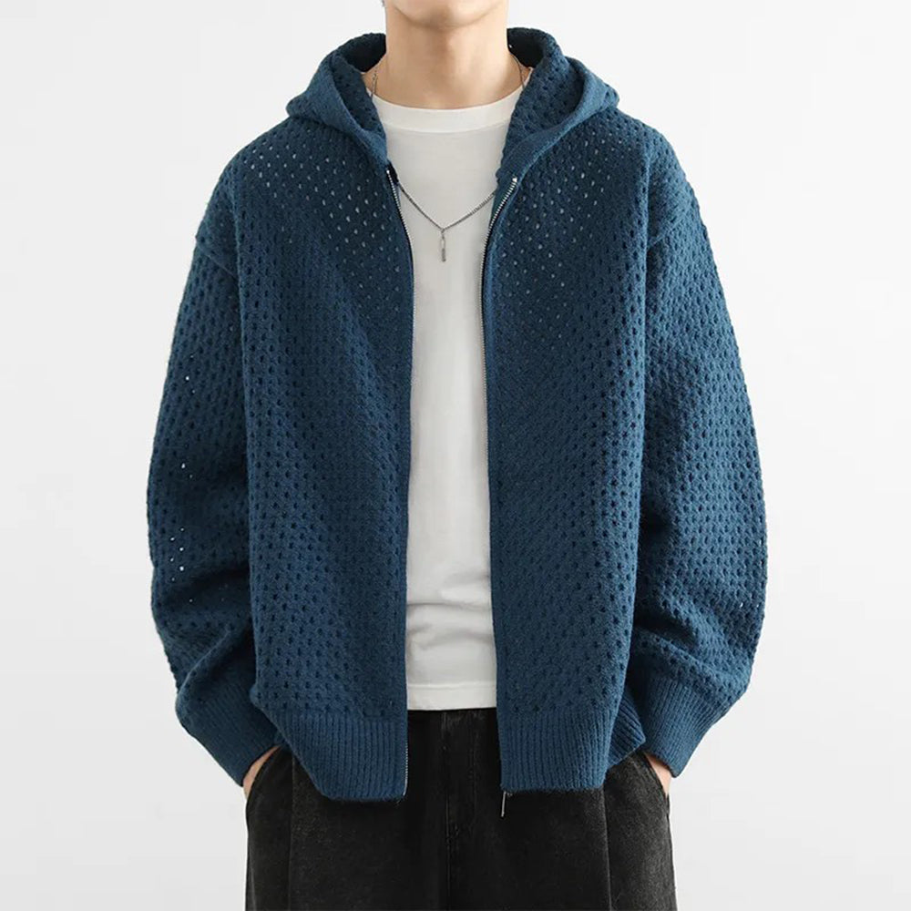Threebooy Men Hooded Sweater Hollow Outerwear Knit Sweater Fashion Streetwear Versatile Campus Performance Long-Sleeve Tops Men'S Clothing
