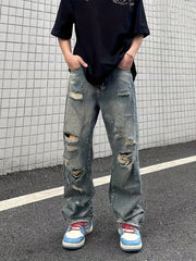 Threebooy Baggy Ripped Cotton Jeans, Men's Casual Street Style Distressed Denim Pants For Spring Summer K-pop